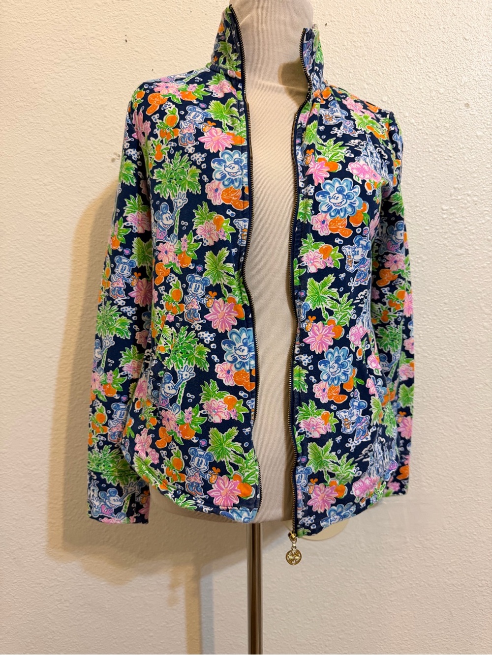 Lilly Pulitzer “leona”full zip jacket navy blue Disney  floral vibrant print